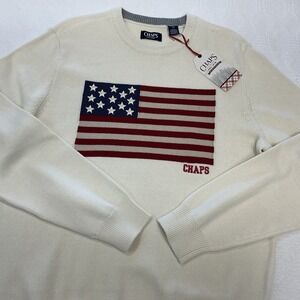 CHAPS 100% Cotton Men's Sweater  Cream Color With American Flag‎ Sz Large NWT